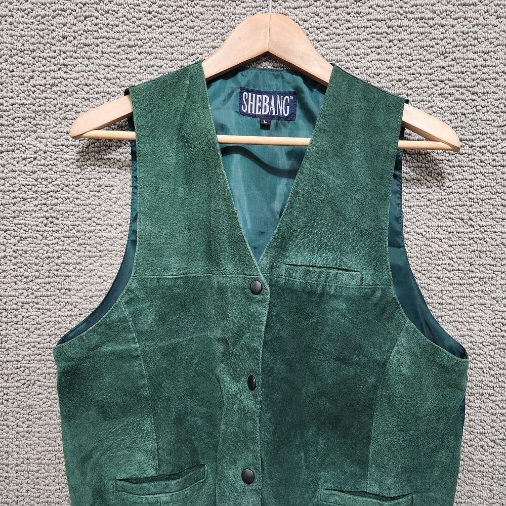 SHEBANG Women's Green Suede Leather Western Snap Front Vest Size L - Picture 2 of 7